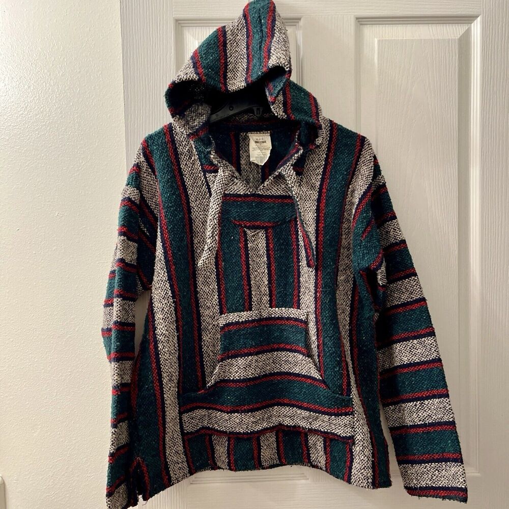 Vtg Baja Jacket L SDC Green Red Stripe Pullover Drug Rug Hoodie Skate Surfer Y2K